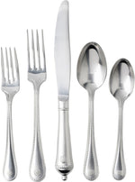 The Juliska Berry & Thread 5 Piece Flatware Set in Bright Satin, featuring two forks, a knife, and two spoons, is displayed in a row on a white background to highlight its rustic yet refined design.