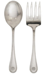 The Juliska Bistro Bright Satin Hostess Serving Set includes a serving spoon and matching fork with decorative handles, displayed side by side on a white background.