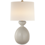 A Gannet Table Lamp, Bone Craquelure by Visual Comfort with a white oval base and a round white lampshade, featuring an adjustable dimmer for customizable wattage.