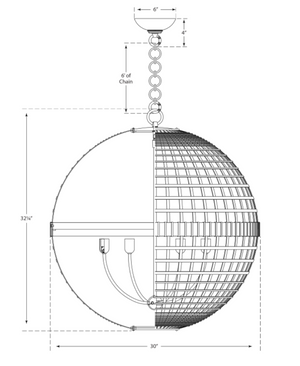 A white drawing of the Mill Large Globe Lantern, Plaster White hanging from a chain by Visual Comfort.