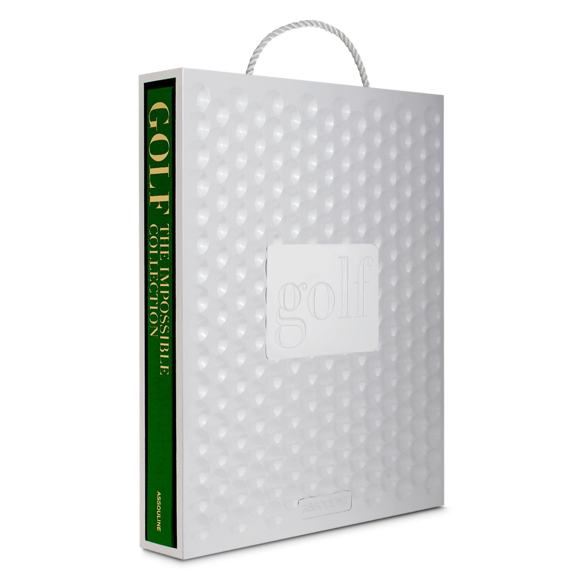 The Assouline book "The Impossible Collection of Golf" exemplifies luxury bookmaking with its textured white cover, green spine, and top handle. It's the perfect collection for golf enthusiasts embarking on their journey.