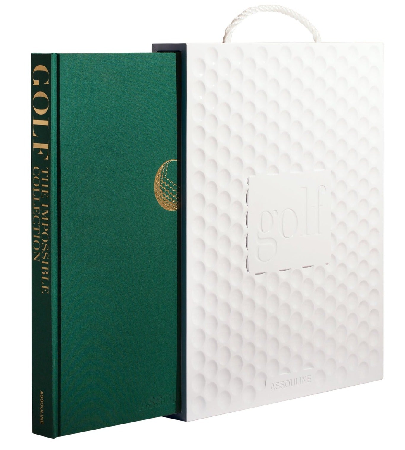 A green hardcover book titled "The Impossible Collection of Golf" by Assouline is partially pulled from a textured white slipcase with a handle, showcasing the art of luxury bookmaking.