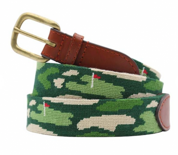 Green and beige camouflage Smathers & Branson Golfer's Camo Belt with brown Italian leather trim and a gold-tone buckle, coiled on a white background.