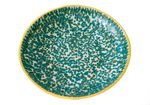 The Large Dappled Bowl in Blue/Green Glaze with Gold Lustre by Paul Schneider Ceramics measures 18" in diameter, ideal for serving or display. Its blue and green glaze features eye-catching dappled patterns accented with gold lustre.