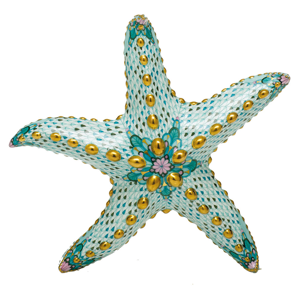 A limited edition Herend Large Starfish, Multicolor porcelain ornament with turquoise and gold accents.