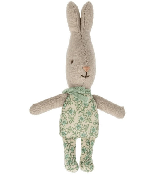 Knitted Maileg My Rabbit toy with floral patterned overalls, made from 100% cotton.