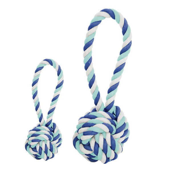 A durable Tug & Toss Rope Dog Toy, Medium, Aqua Multi made from recycled yarns, designed in a cheerful blue and white color scheme, by Harry Barker.