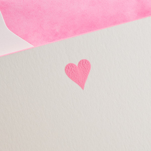 The Printery Heart Card Set features a bright white card with a small hot pink heart centered on the front, shown alongside a matching pink envelope in the background.