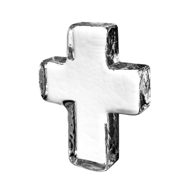A Simon Pearce Glass Cross, delicately crafted from ice, stands on a pristine white background.