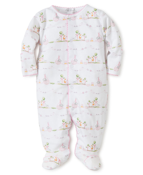 A cozy Kissy Kissy Noah's Ark Footie in white and pink print.