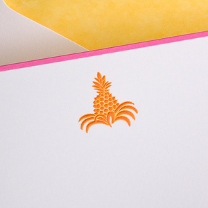 The Pineapple Card Set by Printery includes a white card with hot pink borders and an embossed orange pineapple in the center, paired with a yellow envelope.