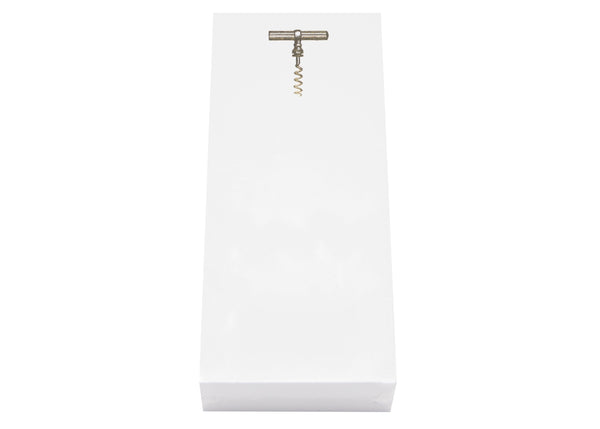 A Black Ink Corkscrew Skinny Buck Pad, Gold Foil is embedded at the top center of a white vertical Lucite Notepad Holder.