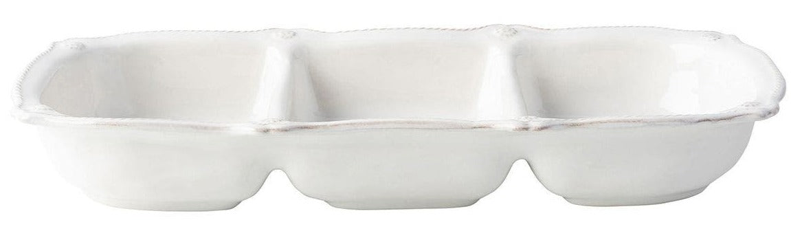 The Juliska Berry & Thread Whitewash Triple Section Server is a white ceramic stoneware dish with three compartments, shown from the side on a white background.