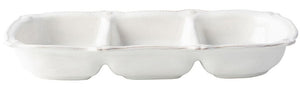 The Juliska Berry & Thread Whitewash Triple Section Server is a white ceramic stoneware dish with three compartments, shown from the side on a white background.