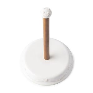 The Juliska Berry & Thread Whitewash Paper Towel Holder features a round white stoneware base and top with a central wooden rod—an elegant piece that pairs beautifully with any Bohemian Glassware Collection.