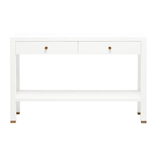 White narrow two-drawer Jarin console table with Made Goods gold-colored handles on a plain background.