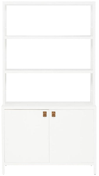 White Jake Bookcase with open-air shelving and closed two-door base cabinets. Brand name: Made Goods
