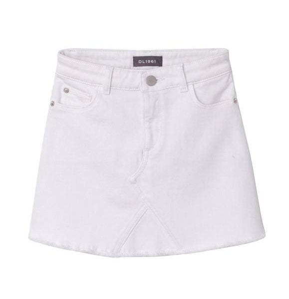 A DL1961 Jenny Denim Mini Skirt in white with buttons and pockets, made from Tencel™ fabric.