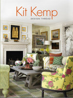Book cover displaying a vibrant, eclectic living room with colorful furniture, patterned pillows, framed artwork, and a decorative fireplace. The title "Design Thread" is printed at the top under the brand name Common Ground, reflecting Kit Kemp's unique design approach in this captivating interiors book.