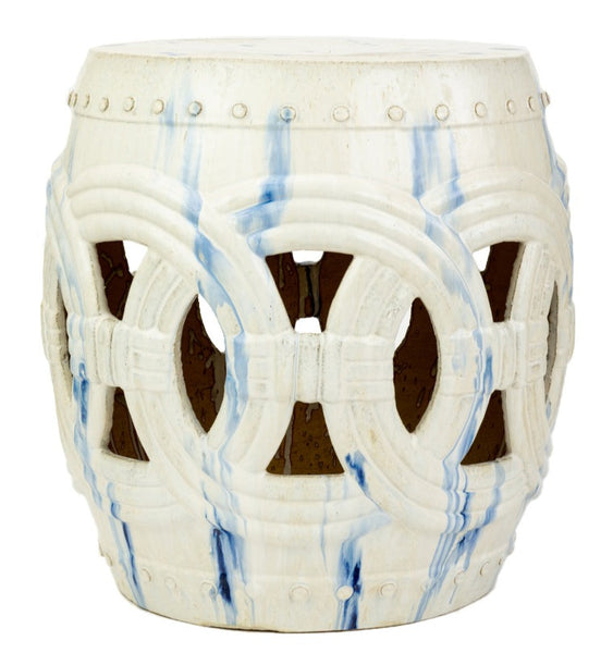 A Van Cleve Collection Large Circle Garden Stool, White and Blue, providing additional seating and a pop of color to any space.