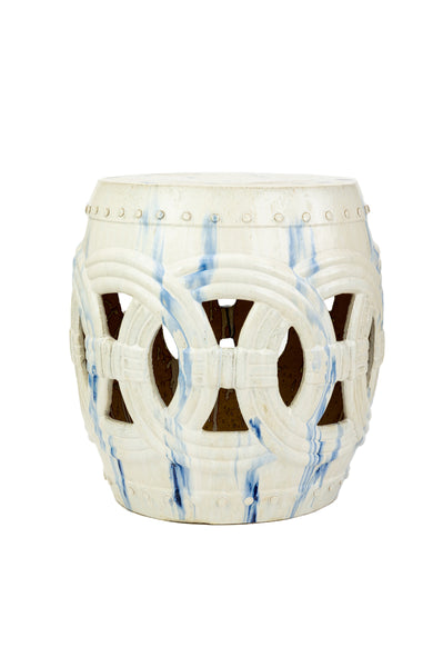 A Van Cleve Collection Large Circle Garden Stool, White and Blue, providing additional seating and a pop of color to any space.