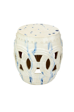 A Van Cleve Collection Large Circle Garden Stool in white and blue ceramic, perfect as additional seating and adding a pop of color to any space.