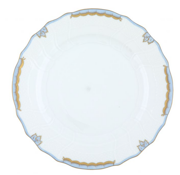 Herend Princess Victoria Light Blue Collection porcelain plate with hand-painted decorative golden and blue border elements.