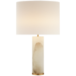 Elegant Lineham Table Lamp by Visual Comfort with an adjustable height, white translucent gem-like base, and a broad cylindrical off-white shade.