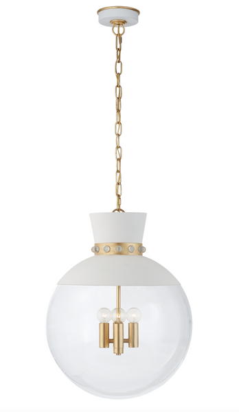 A Lucia Large Pendant, Matte White and Gild with Clear Glass by Visual Comfort.