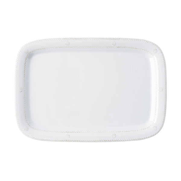 A dishwasher safe white rectangular Juliska Berry & Thread Serving Platter Melamine Whitewash with a beaded edge.
