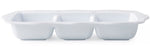 The Juliska Berry & Thread Melamine Whitewash Triple Section Server features three compartments, a decorative edge, and durable melamine construction—perfect for entertaining.