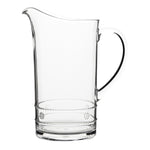 The Juliska Isabella Acrylic Pitcher features a clear design with handle, spout, and two decorative horizontal bands near the base—perfect for outdoor entertaining.