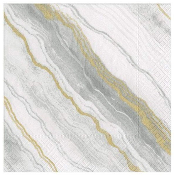 A package of Caspari Marble Gray cocktail napkins with a gold stripe.