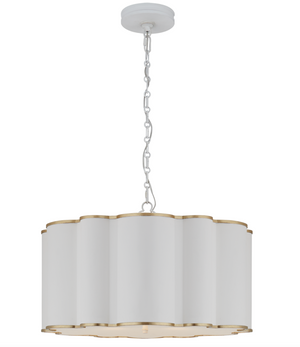 A Markos Large Hanging Shade by Visual Comfort, with a white shade and gold accents, perfectly gilded with subtle dimensions.