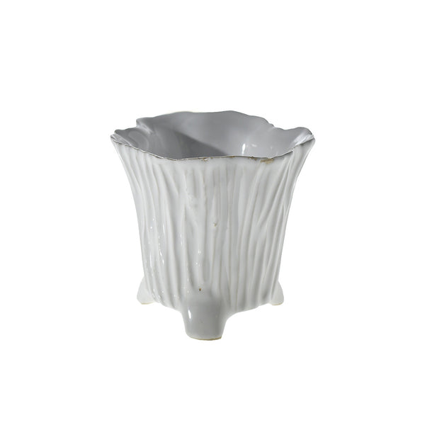 A White Mellie Pot, Small from Accent Decor with a ruffled rim and vertical ribbed texture, finished in a glossy white glaze, isolated on a white background. Its dimensions make it perfect for small to medium-sized floral arrangements.