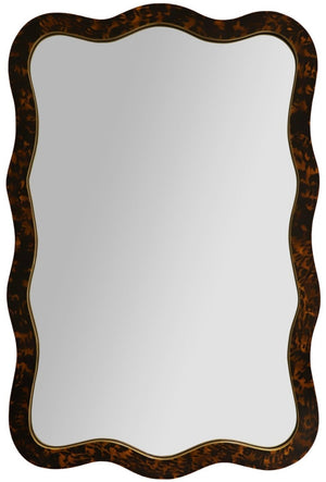 Ornate Melody Mirror with a wavy tortoise shell frame and gold inner edge reflective surface by Carver's Guild.