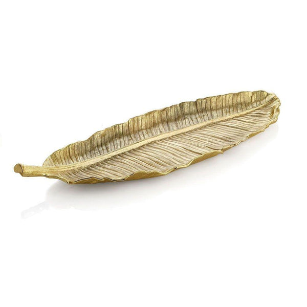 A realistic brass feather sculpture, designed with detailed texture and a golden finish, isolated on a white background, part of Michael Aram New Leaves Large Banana Leaf Platter.