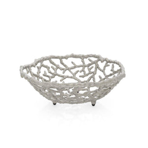 The Michael Aram Ocean Reef Bread Basket features an open, irregular lattice design inspired by coral reefs and the ocean floor, crafted in light gray as part of the Ocean Reef Collection.