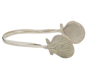 The Michael Aram Ocean Reef Ice Tongs in Nickelplate Grey Sand Washed Enamel, featuring two textured seashell-shaped ends, are displayed against a white background.