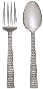 The Michael Aram Palm Serving Set, Silver, features a sculpted metal fork and spoon with woven-pattern handles, displayed side by side against a white background.