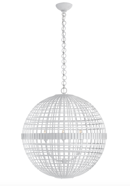 A Mill Large Globe Lantern, Plaster White pendant light with a metal cage hanging from it. The dimensions of this Visual Comfort pendant light are adjustable, making it suitable for various spaces. It comes with a sturdy canopy for easy installation.