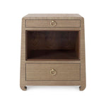 The Ming 2 Drawer Side Table in Brown from McCann Design Group features a wooden design with two drawers, an open shelf, and polished brass finish ring handles.