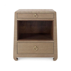 The Ming 2 Drawer Side Table in Brown from McCann Design Group features a wooden design with two drawers, an open shelf, and polished brass finish ring handles.