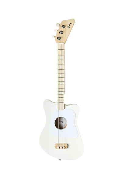 White electric-acoustic Loog Mini Guitar with a single circular sound hole, isolated on a white background from Loog Guitars.