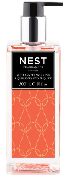 A bottle of NEST Sicilian Tangerine Liquid Soap with an orange background.