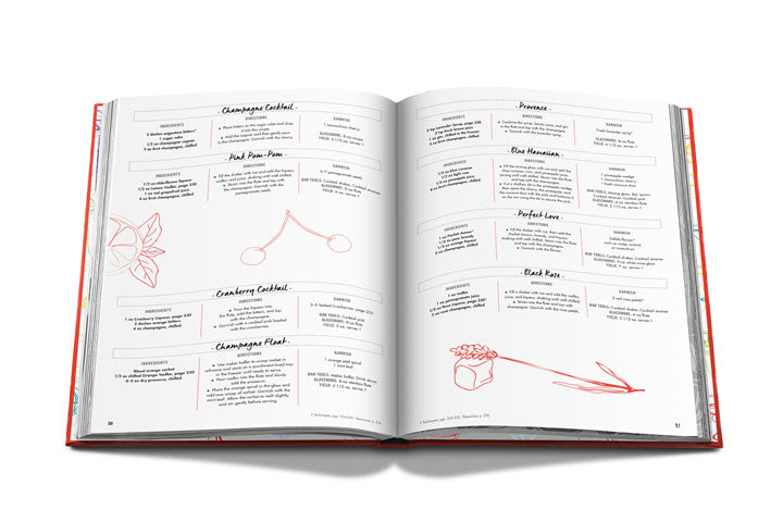 An open book with Assouline's Cocktail Chameleon signature cocktail menu drawing in red.