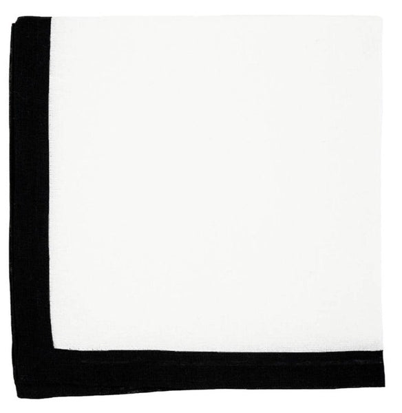 A Deborah Rhodes Newport Border White with Black Linen Napkin, Set of 4, a classic bordered napkin, featuring a white and black pocket square, placed on a white background.
