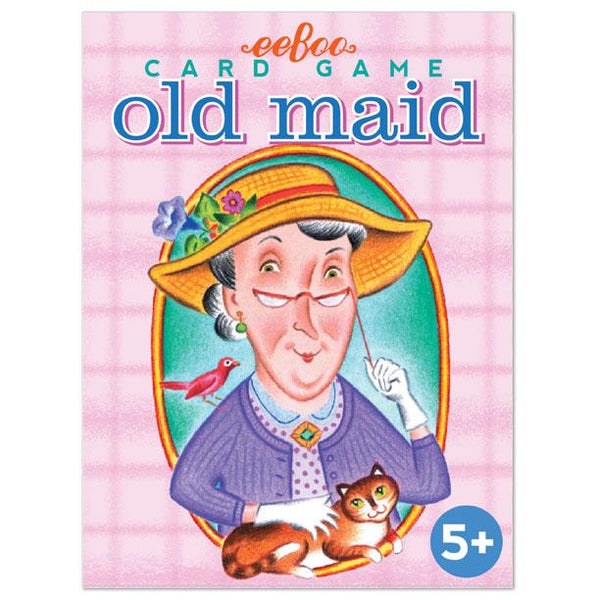 Illustrated eeboo Old Maid Playing Cards cover featuring a cartoon woman with a cat and a bird, recommended for ages 5 and up, instructions included.