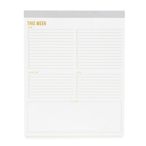 The Sugar Paper "This Week" Large Gray Pad offers organized sections for to-do’s, emails/calls, shopping lists, and reminders—plus lined spaces and checkboxes—making desktop planning simple.