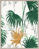 The Paule Marrot Green and Yellow Palm Leaves I, 42" x 54" by Natural Curiosities features vibrant green and yellow palm leaves with bamboo and foliage on white—ideal for fans of bold, artistic textile prints.